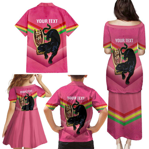 Personalised Panthers Rugby 2024 Family Matching Puletasi and Hawaiian Shirt Mascot With Trophy Go Champions Aboriginal Art - Pink