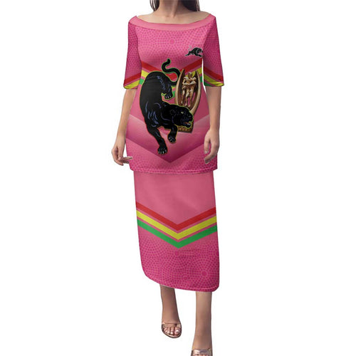 Personalised Panthers Rugby 2024 Family Matching Puletasi and Hawaiian Shirt Mascot With Trophy Go Champions Aboriginal Art - Pink
