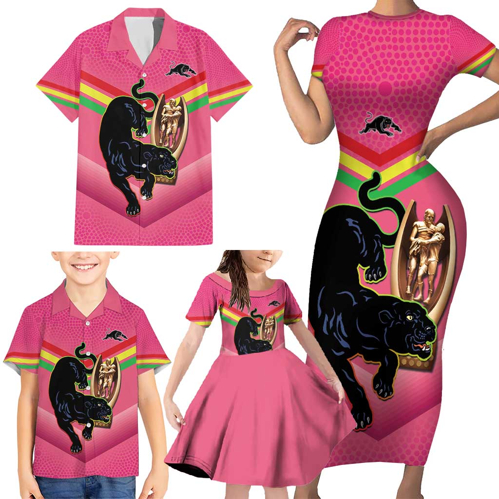 Personalised Panthers Rugby 2024 Family Matching Short Sleeve Bodycon Dress and Hawaiian Shirt Mascot With Trophy Go Champions Aboriginal Art - Pink