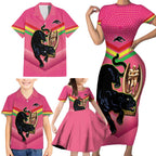 Personalised Panthers Rugby 2024 Family Matching Short Sleeve Bodycon Dress and Hawaiian Shirt Mascot With Trophy Go Champions Aboriginal Art - Pink