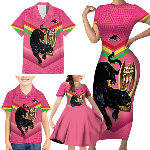 Personalised Panthers Rugby 2024 Family Matching Short Sleeve Bodycon Dress and Hawaiian Shirt Mascot With Trophy Go Champions Aboriginal Art - Pink