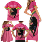 Personalised Panthers Rugby 2024 Family Matching Short Sleeve Bodycon Dress and Hawaiian Shirt Mascot With Trophy Go Champions Aboriginal Art - Pink