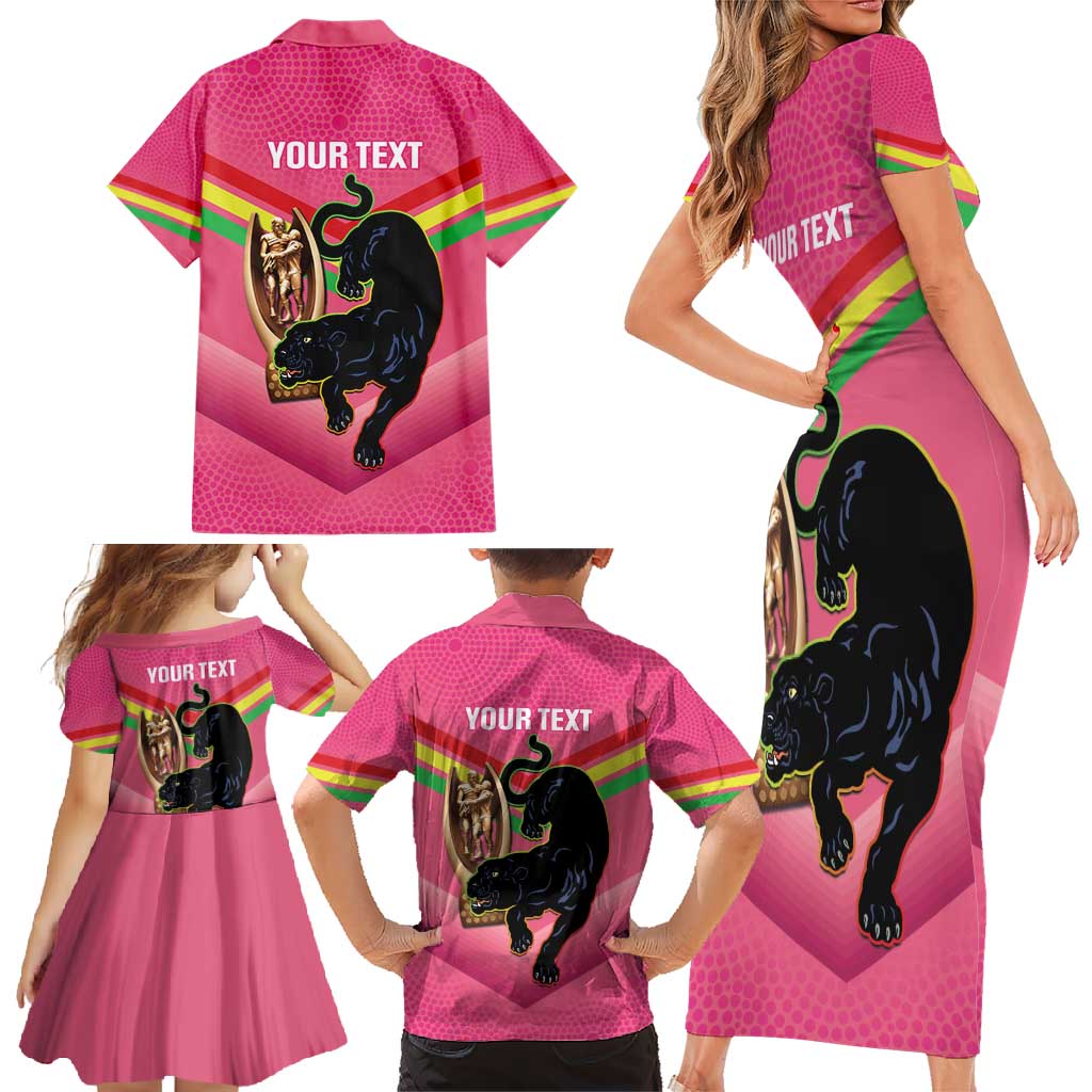 Personalised Panthers Rugby 2024 Family Matching Short Sleeve Bodycon Dress and Hawaiian Shirt Mascot With Trophy Go Champions Aboriginal Art - Pink