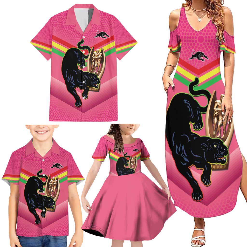Personalised Panthers Rugby 2024 Family Matching Summer Maxi Dress and Hawaiian Shirt Mascot With Trophy Go Champions Aboriginal Art - Pink
