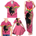 Personalised Panthers Rugby 2024 Family Matching Tank Maxi Dress and Hawaiian Shirt Mascot With Trophy Go Champions Aboriginal Art - Pink