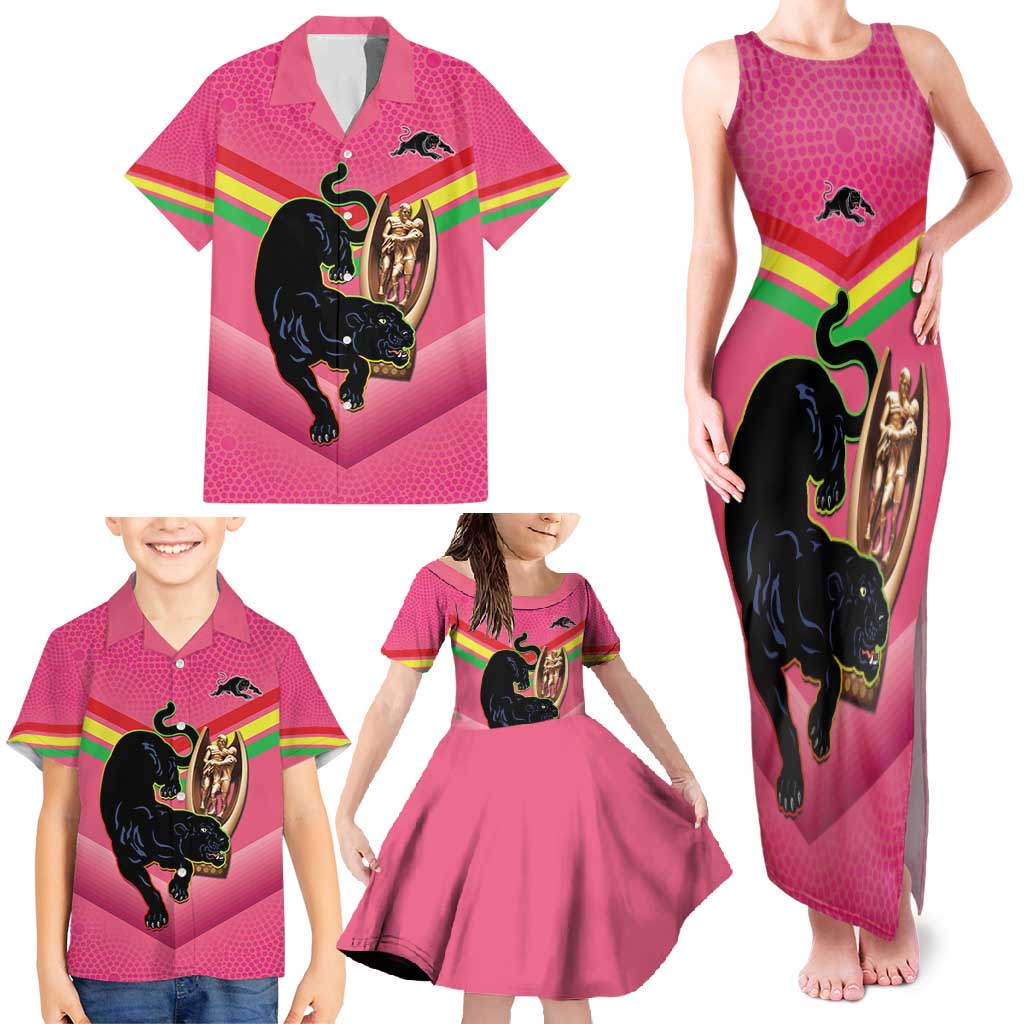 Personalised Panthers Rugby 2024 Family Matching Tank Maxi Dress and Hawaiian Shirt Mascot With Trophy Go Champions Aboriginal Art - Pink