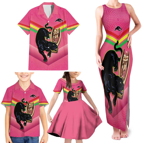Personalised Panthers Rugby 2024 Family Matching Tank Maxi Dress and Hawaiian Shirt Mascot With Trophy Go Champions Aboriginal Art - Pink
