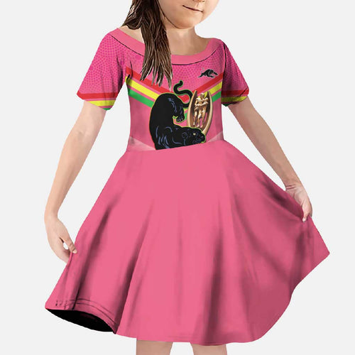 Personalised Panthers Rugby 2024 Family Matching Tank Maxi Dress and Hawaiian Shirt Mascot With Trophy Go Champions Aboriginal Art - Pink