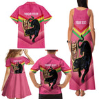 Personalised Panthers Rugby 2024 Family Matching Tank Maxi Dress and Hawaiian Shirt Mascot With Trophy Go Champions Aboriginal Art - Pink