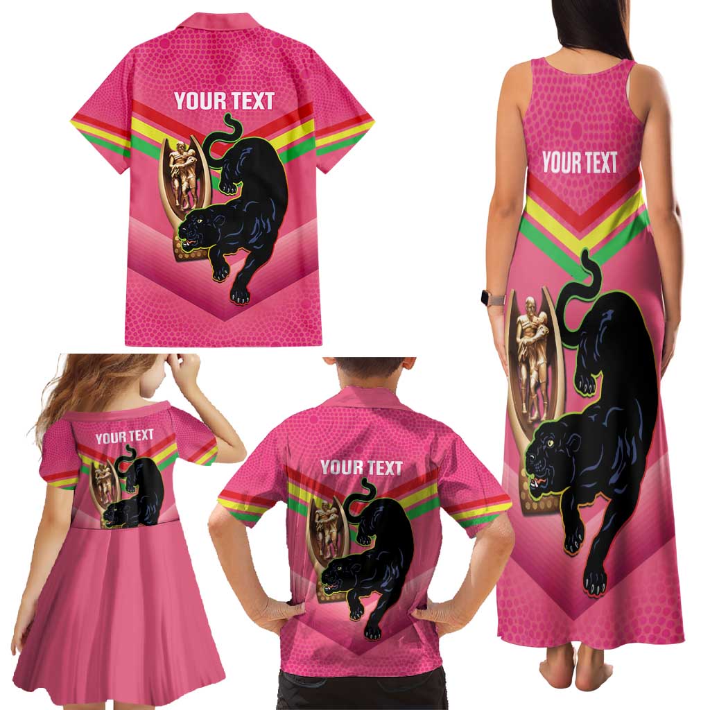 Personalised Panthers Rugby 2024 Family Matching Tank Maxi Dress and Hawaiian Shirt Mascot With Trophy Go Champions Aboriginal Art - Pink