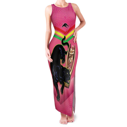 Personalised Panthers Rugby 2024 Family Matching Tank Maxi Dress and Hawaiian Shirt Mascot With Trophy Go Champions Aboriginal Art - Pink