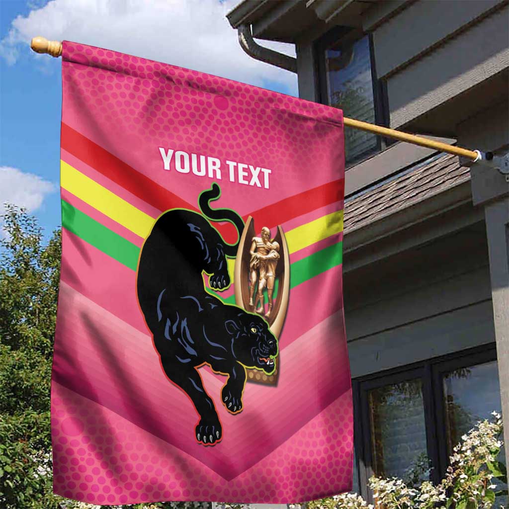 Personalised Panthers Rugby 2024 Garden Flag Mascot With Trophy Go Champions Aboriginal Art - Pink