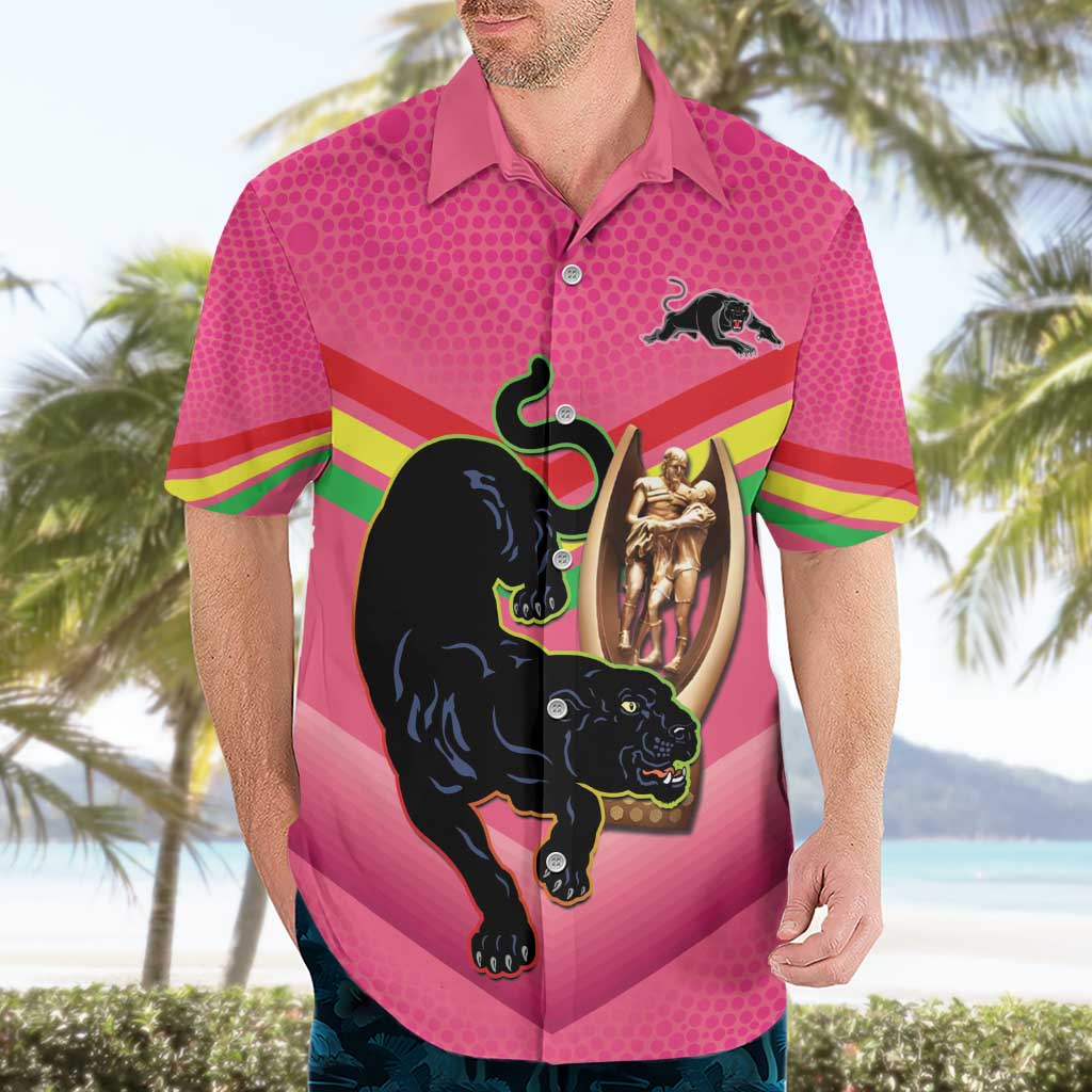Personalised Panthers Rugby 2024 Hawaiian Shirt Mascot With Trophy Go Champions Aboriginal Art - Pink