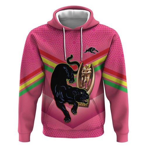 Personalised Panthers Rugby 2024 Hoodie Mascot With Trophy Go Champions Aboriginal Art - Pink