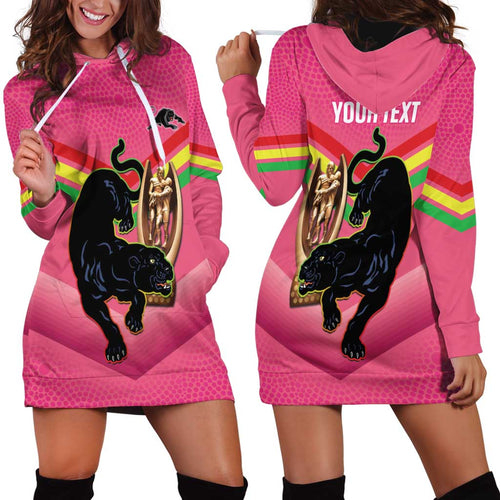 Personalised Panthers Rugby 2024 Hoodie Dress Mascot With Trophy Go Champions Aboriginal Art - Pink