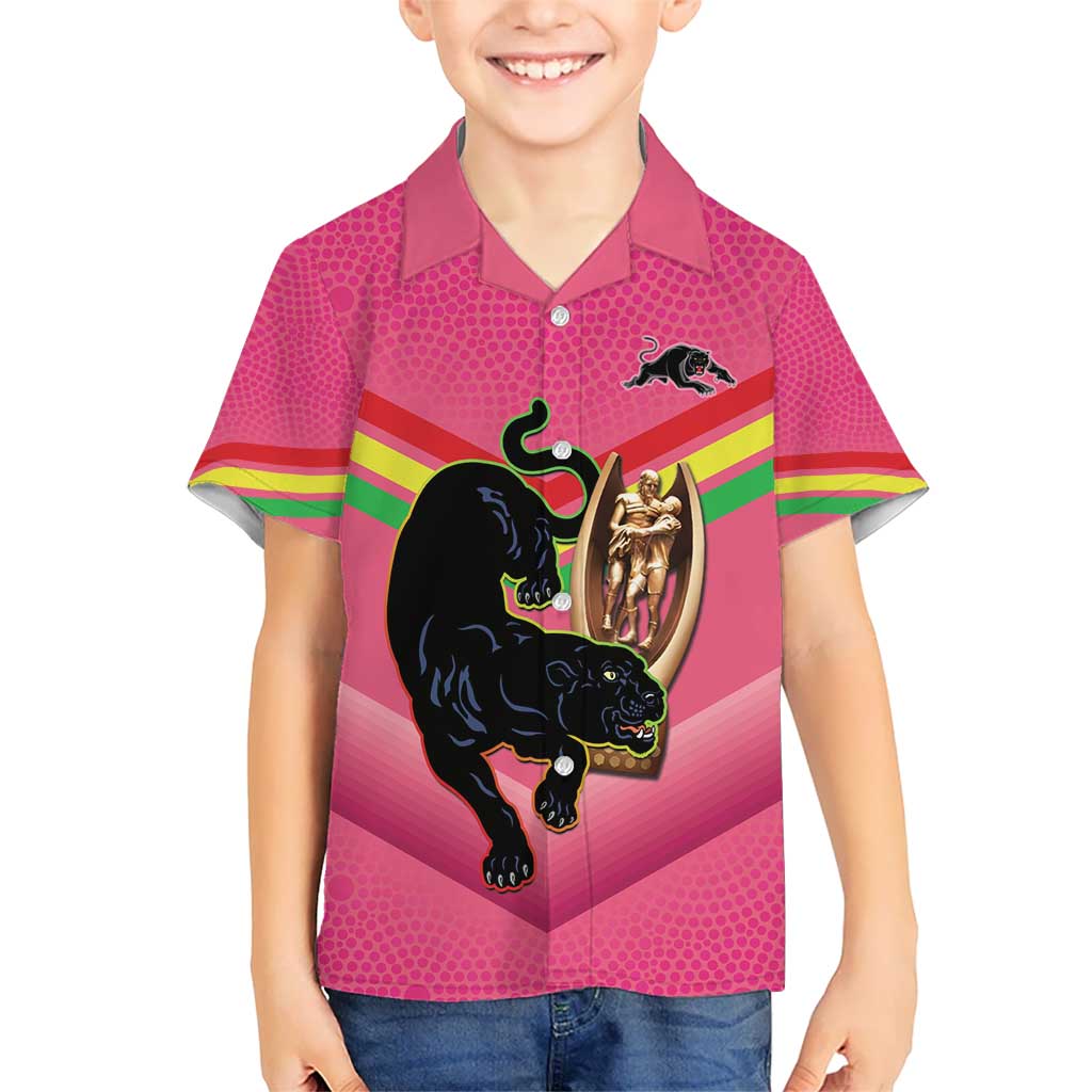 Personalised Panthers Rugby 2024 Kid Hawaiian Shirt Mascot With Trophy Go Champions Aboriginal Art - Pink