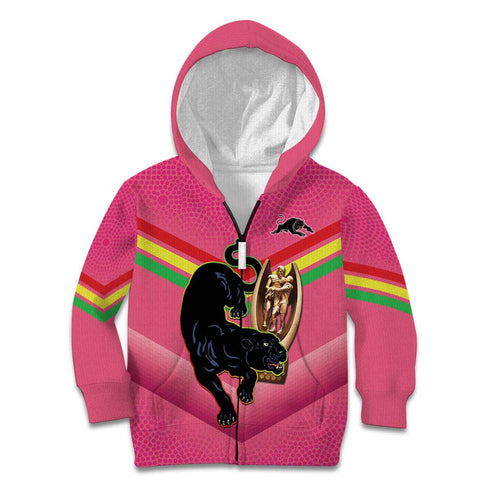 Personalised Panthers Rugby 2024 Kid Hoodie Mascot With Trophy Go Champions Aboriginal Art - Pink