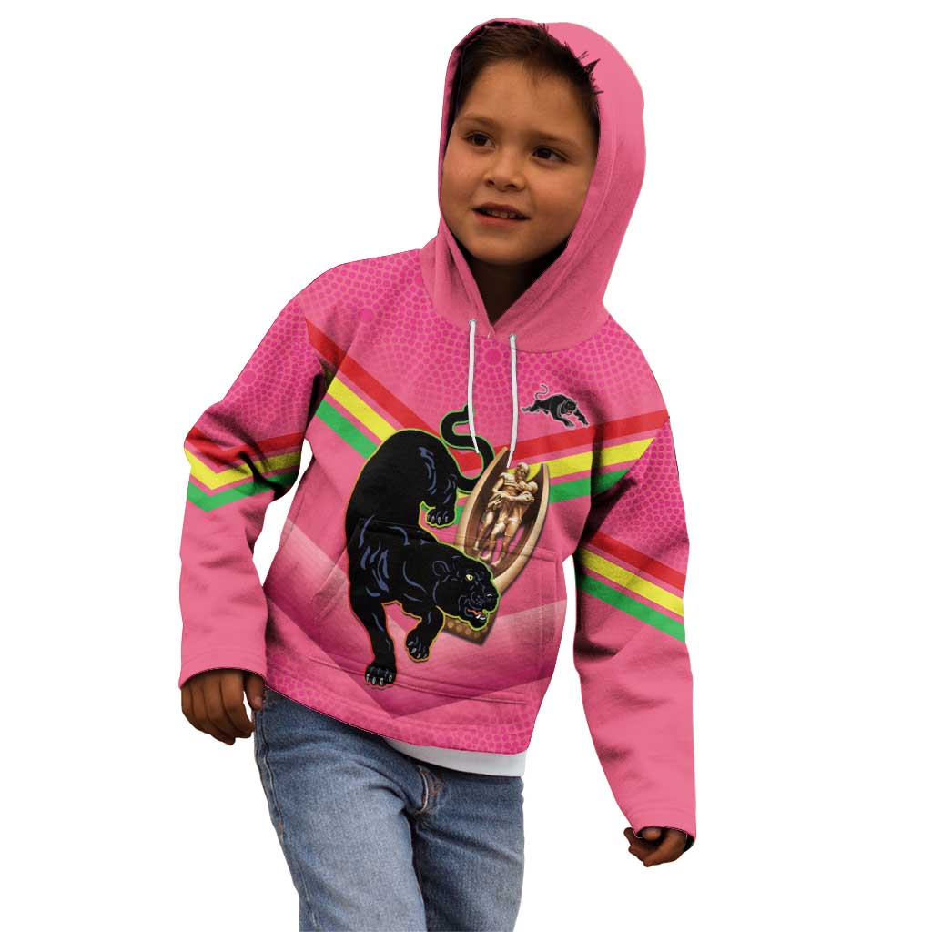 Personalised Panthers Rugby 2024 Kid Hoodie Mascot With Trophy Go Champions Aboriginal Art - Pink