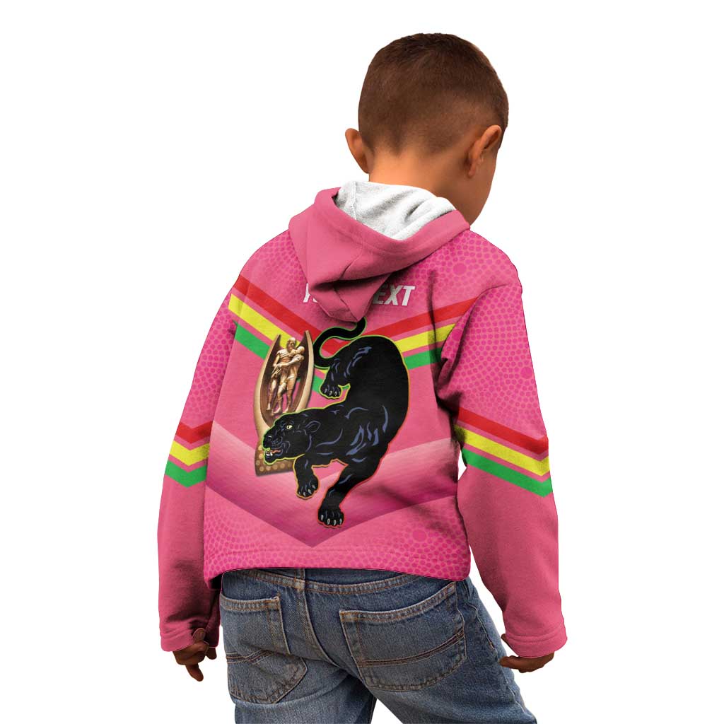Personalised Panthers Rugby 2024 Kid Hoodie Mascot With Trophy Go Champions Aboriginal Art - Pink