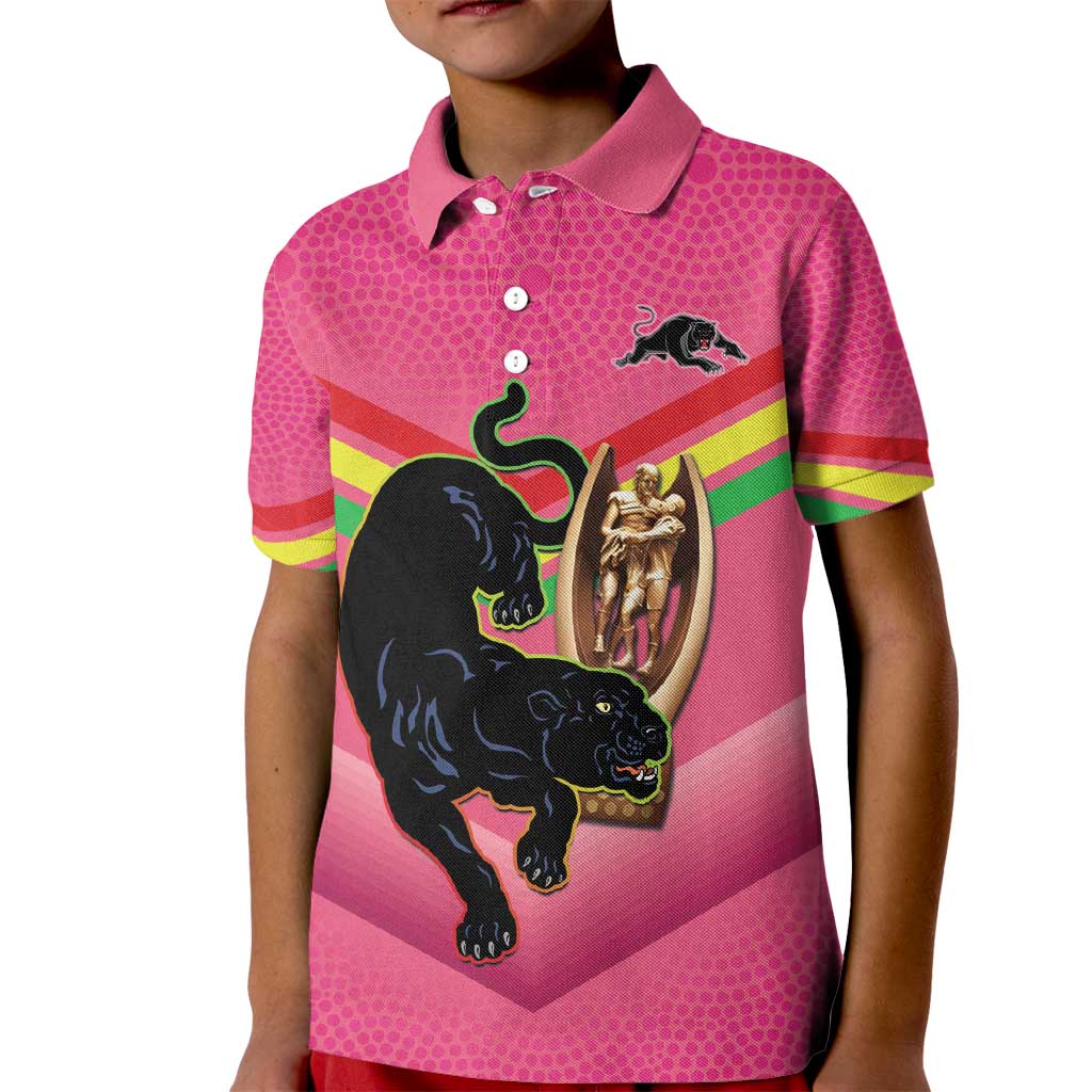Personalised Panthers Rugby 2024 Kid Polo Shirt Mascot With Trophy Go Champions Aboriginal Art - Pink