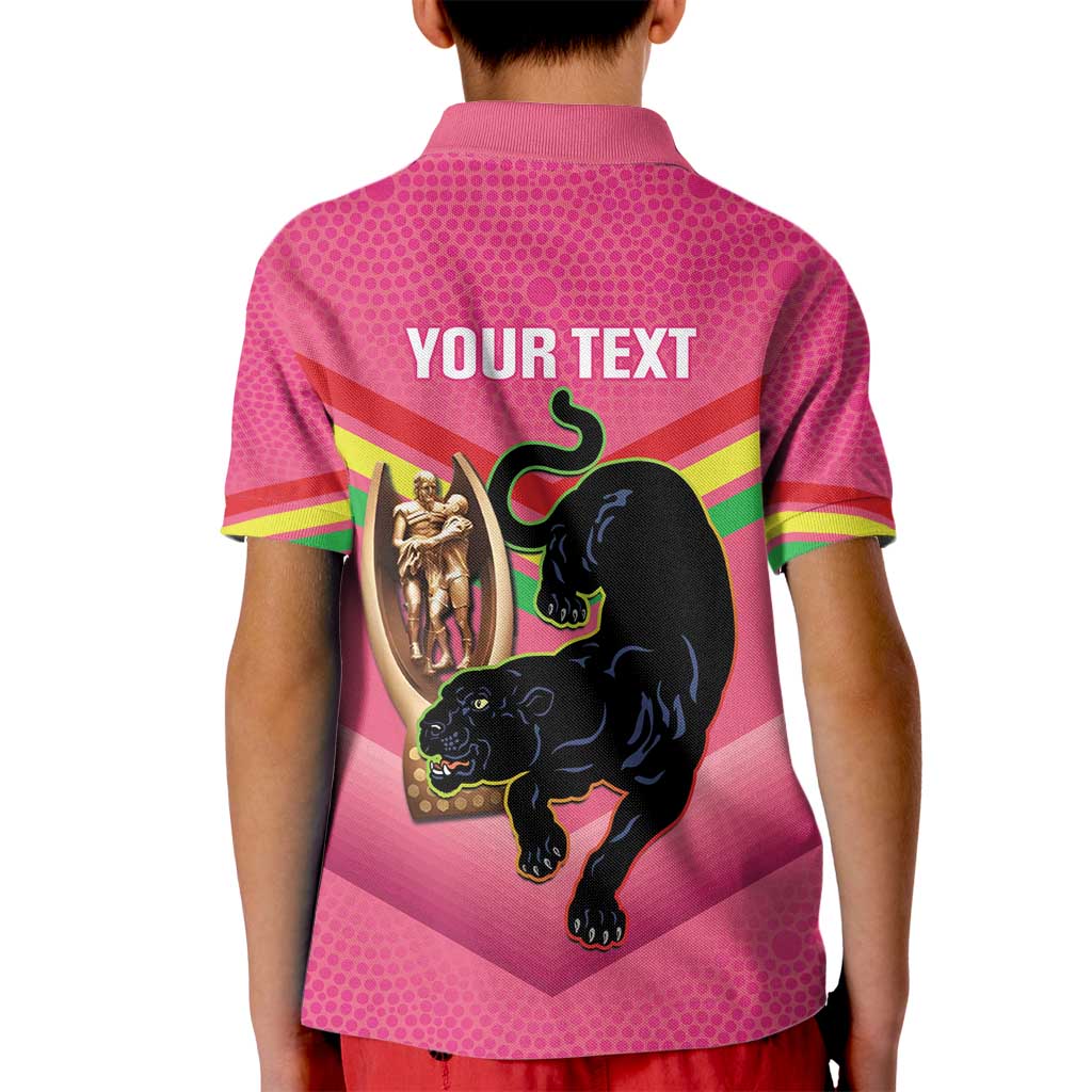 Personalised Panthers Rugby 2024 Kid Polo Shirt Mascot With Trophy Go Champions Aboriginal Art - Pink