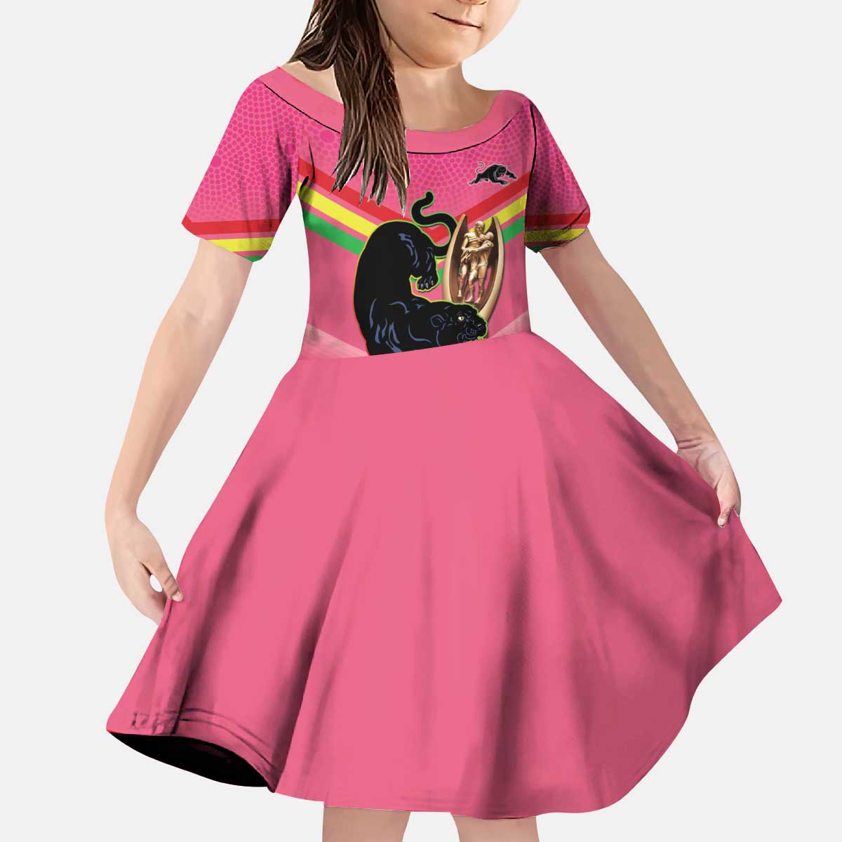 Personalised Panthers Rugby 2024 Kid Short Sleeve Dress Mascot With Trophy Go Champions Aboriginal Art - Pink