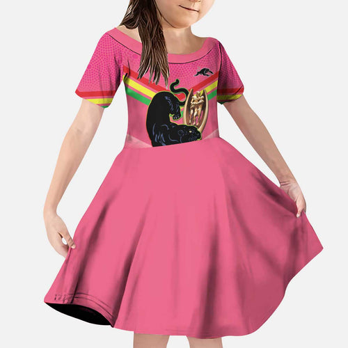Personalised Panthers Rugby 2024 Kid Short Sleeve Dress Mascot With Trophy Go Champions Aboriginal Art - Pink