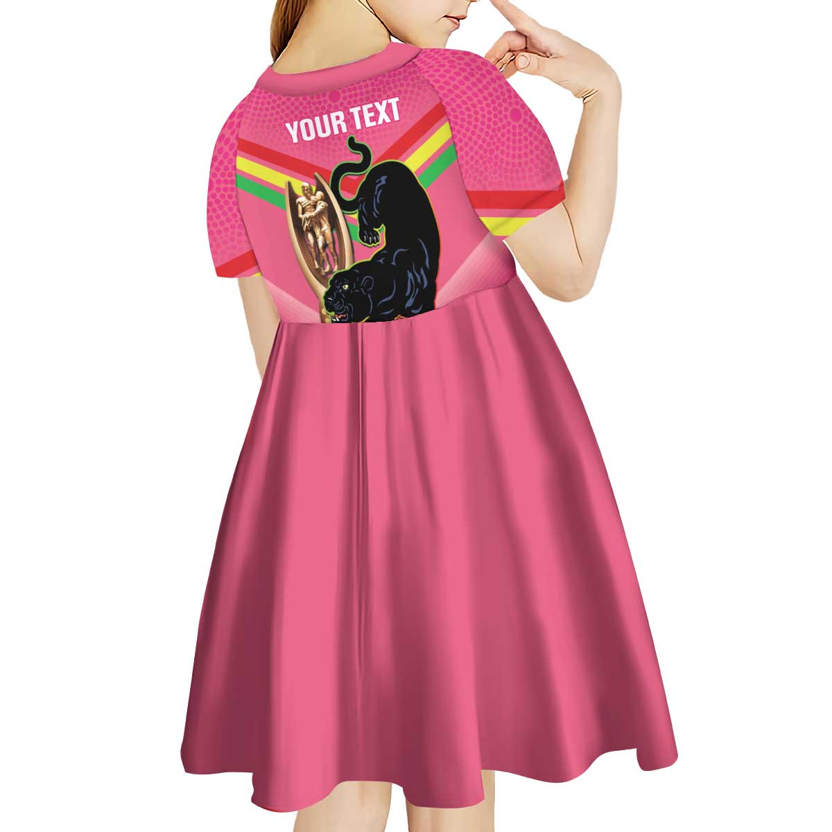 Personalised Panthers Rugby 2024 Kid Short Sleeve Dress Mascot With Trophy Go Champions Aboriginal Art - Pink