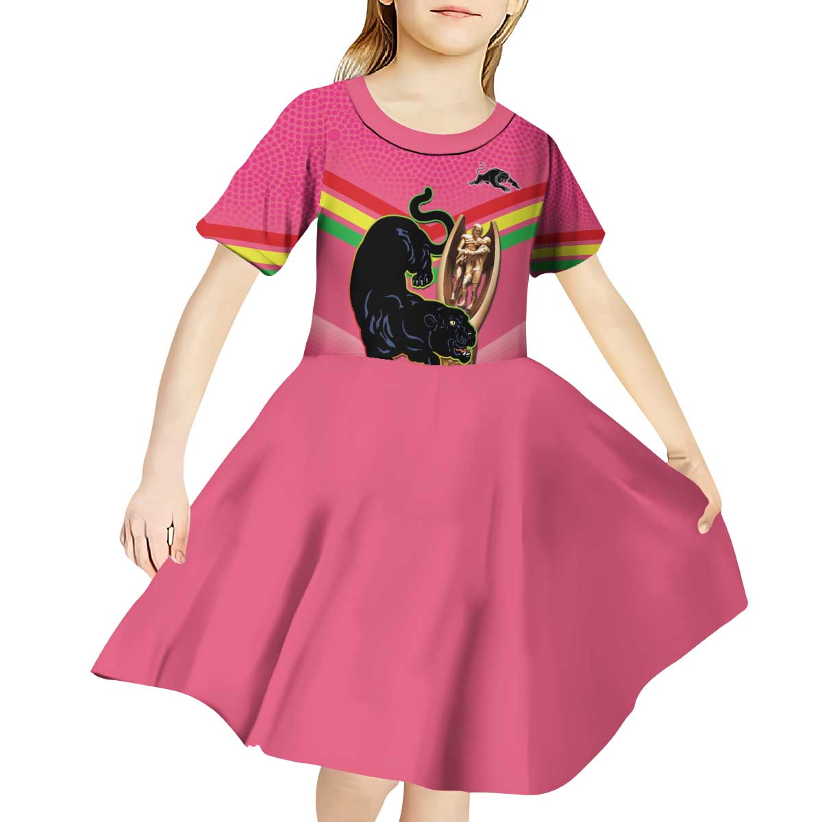 Personalised Panthers Rugby 2024 Kid Short Sleeve Dress Mascot With Trophy Go Champions Aboriginal Art - Pink