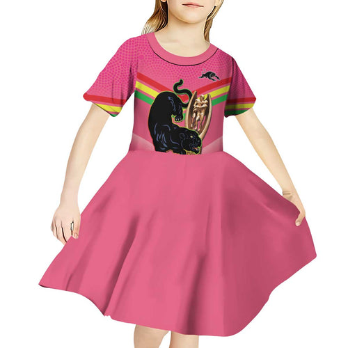 Personalised Panthers Rugby 2024 Kid Short Sleeve Dress Mascot With Trophy Go Champions Aboriginal Art - Pink