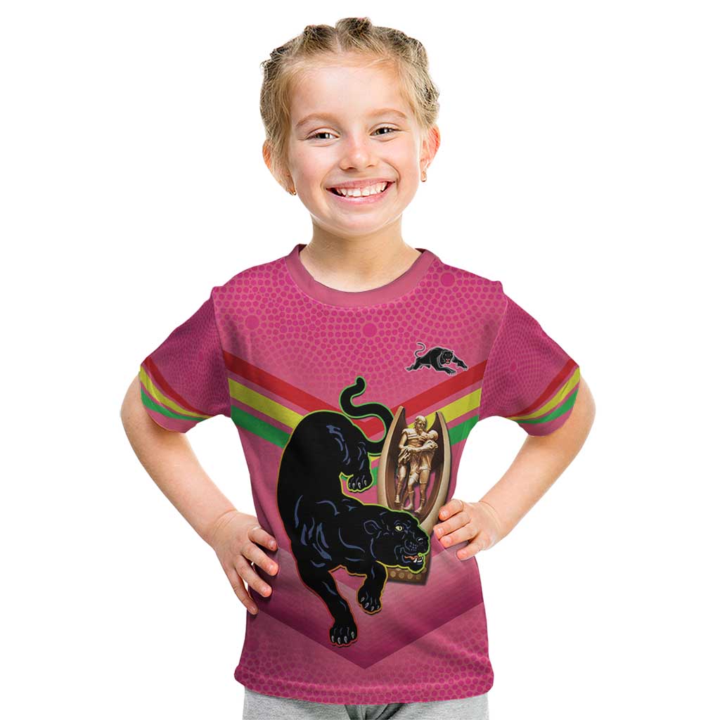 Personalised Panthers Rugby 2024 Kid T Shirt Mascot With Trophy Go Champions Aboriginal Art - Pink