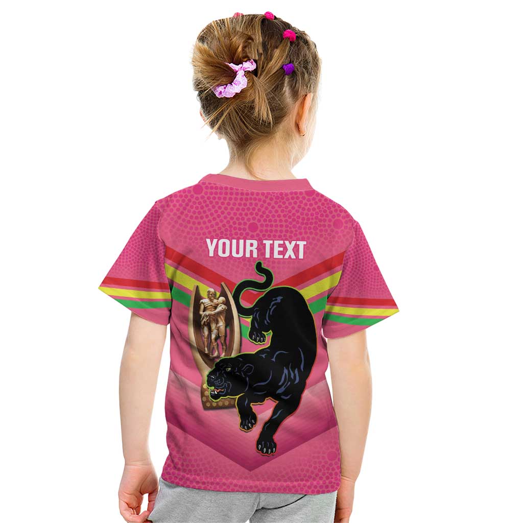Personalised Panthers Rugby 2024 Kid T Shirt Mascot With Trophy Go Champions Aboriginal Art - Pink