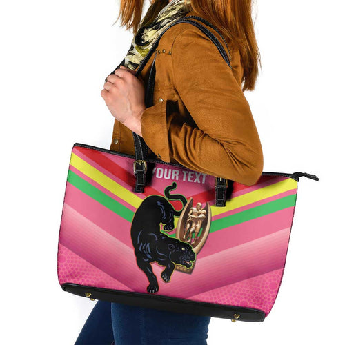 Personalised Panthers Rugby 2024 Leather Tote Bag Mascot With Trophy Go Champions Aboriginal Art - Pink