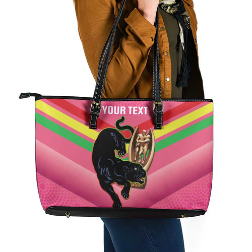 Personalised Panthers Rugby 2024 Leather Tote Bag Mascot With Trophy Go Champions Aboriginal Art - Pink