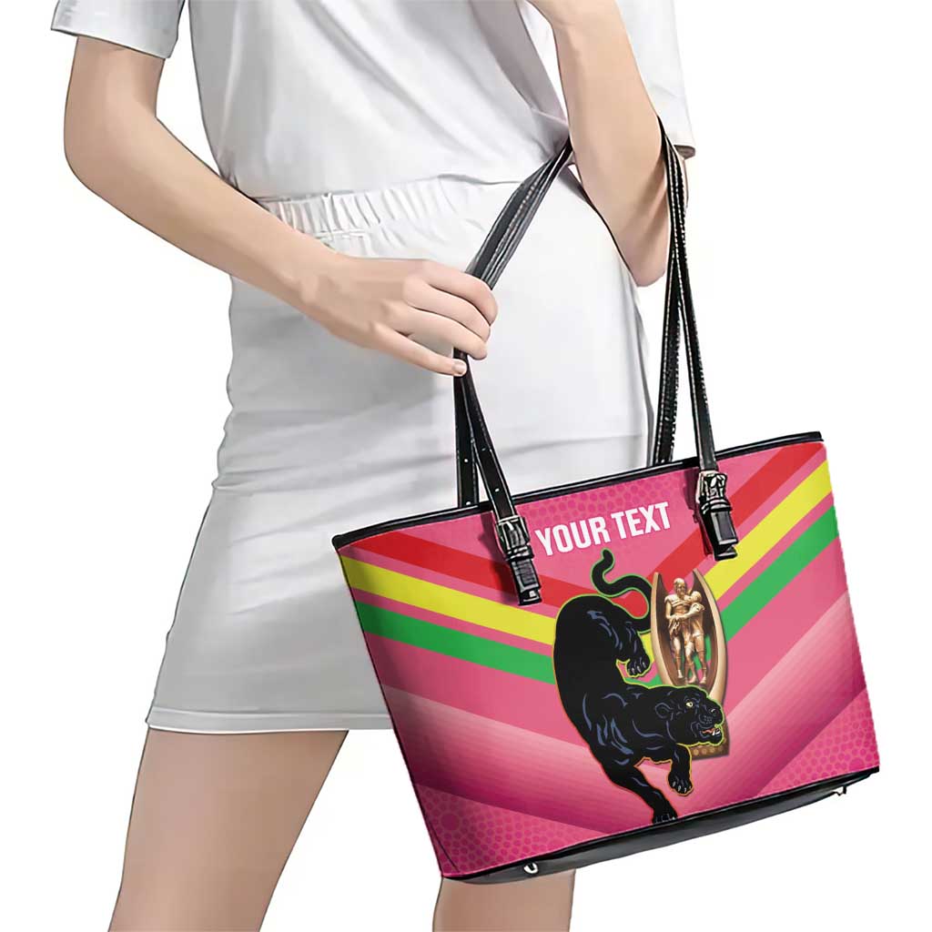 Personalised Panthers Rugby 2024 Leather Tote Bag Mascot With Trophy Go Champions Aboriginal Art - Pink