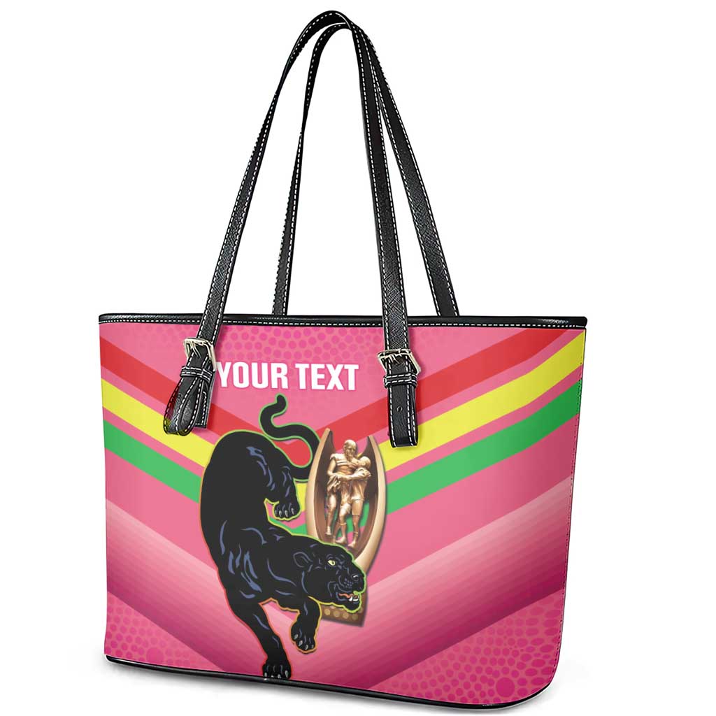 Personalised Panthers Rugby 2024 Leather Tote Bag Mascot With Trophy Go Champions Aboriginal Art - Pink