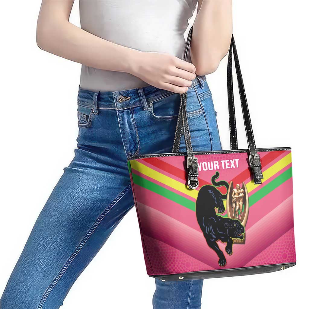 Personalised Panthers Rugby 2024 Leather Tote Bag Mascot With Trophy Go Champions Aboriginal Art - Pink