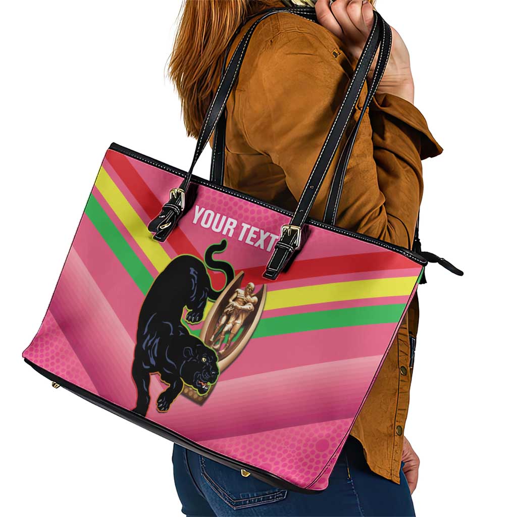 Personalised Panthers Rugby 2024 Leather Tote Bag Mascot With Trophy Go Champions Aboriginal Art - Pink