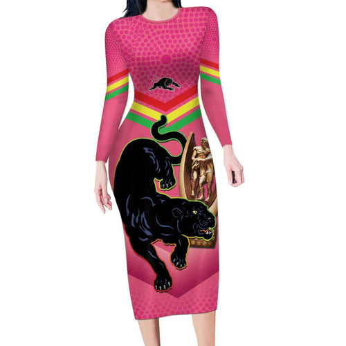 Personalised Panthers Rugby 2024 Long Sleeve Bodycon Dress Mascot With Trophy Go Champions Aboriginal Art - Pink