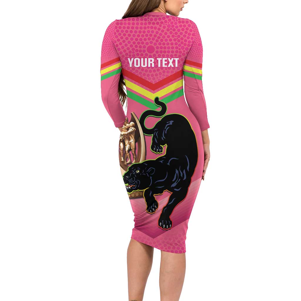 Personalised Panthers Rugby 2024 Long Sleeve Bodycon Dress Mascot With Trophy Go Champions Aboriginal Art - Pink