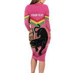 Personalised Panthers Rugby 2024 Long Sleeve Bodycon Dress Mascot With Trophy Go Champions Aboriginal Art - Pink