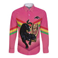 Personalised Panthers Rugby 2024 Long Sleeve Button Shirt Mascot With Trophy Go Champions Aboriginal Art - Pink