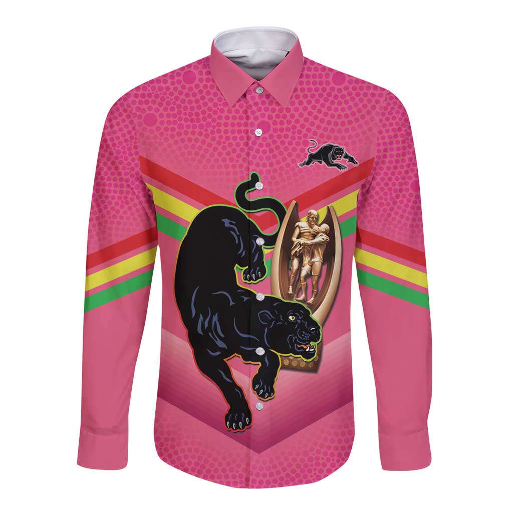Personalised Panthers Rugby 2024 Long Sleeve Button Shirt Mascot With Trophy Go Champions Aboriginal Art - Pink