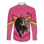Personalised Panthers Rugby 2024 Long Sleeve Button Shirt Mascot With Trophy Go Champions Aboriginal Art - Pink