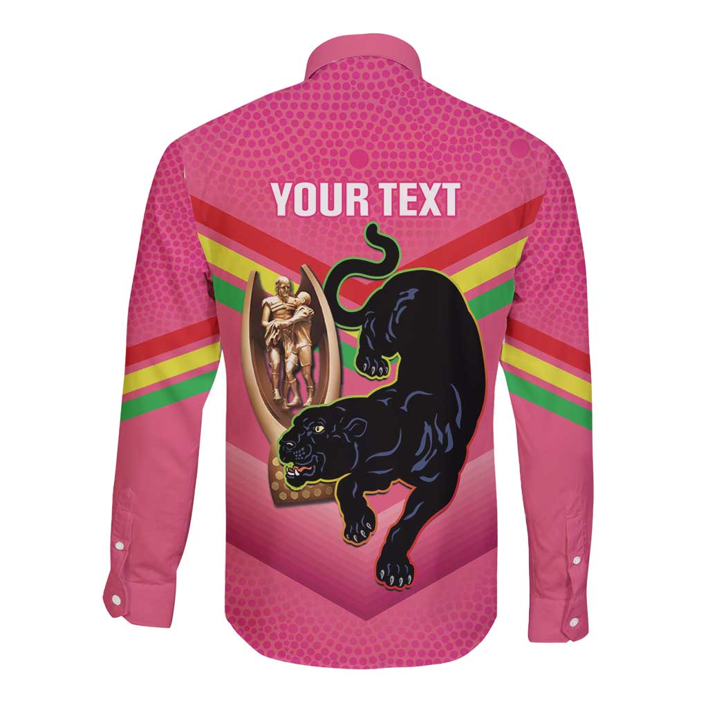 Personalised Panthers Rugby 2024 Long Sleeve Button Shirt Mascot With Trophy Go Champions Aboriginal Art - Pink
