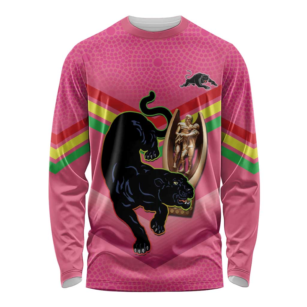Personalised Panthers Rugby 2024 Long Sleeve Shirt Mascot With Trophy Go Champions Aboriginal Art - Pink