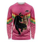 Personalised Panthers Rugby 2024 Long Sleeve Shirt Mascot With Trophy Go Champions Aboriginal Art - Pink