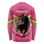 Personalised Panthers Rugby 2024 Long Sleeve Shirt Mascot With Trophy Go Champions Aboriginal Art - Pink