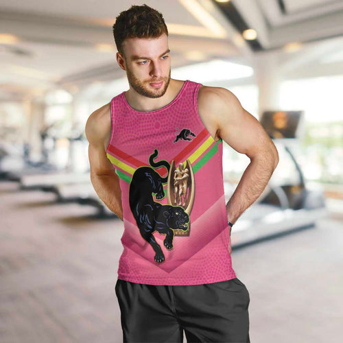 Personalised Panthers Rugby 2024 Men Tank Top Mascot With Trophy Go Champions Aboriginal Art - Pink