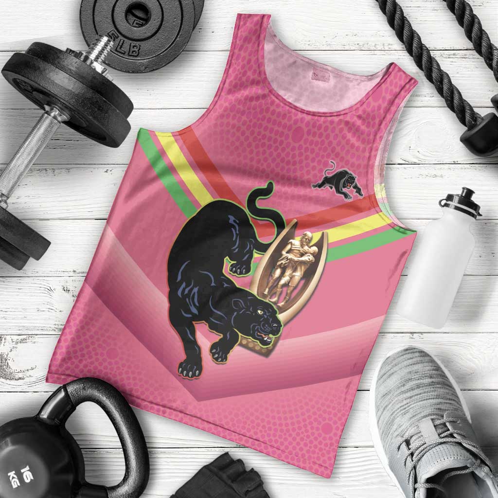 Personalised Panthers Rugby 2024 Men Tank Top Mascot With Trophy Go Champions Aboriginal Art - Pink